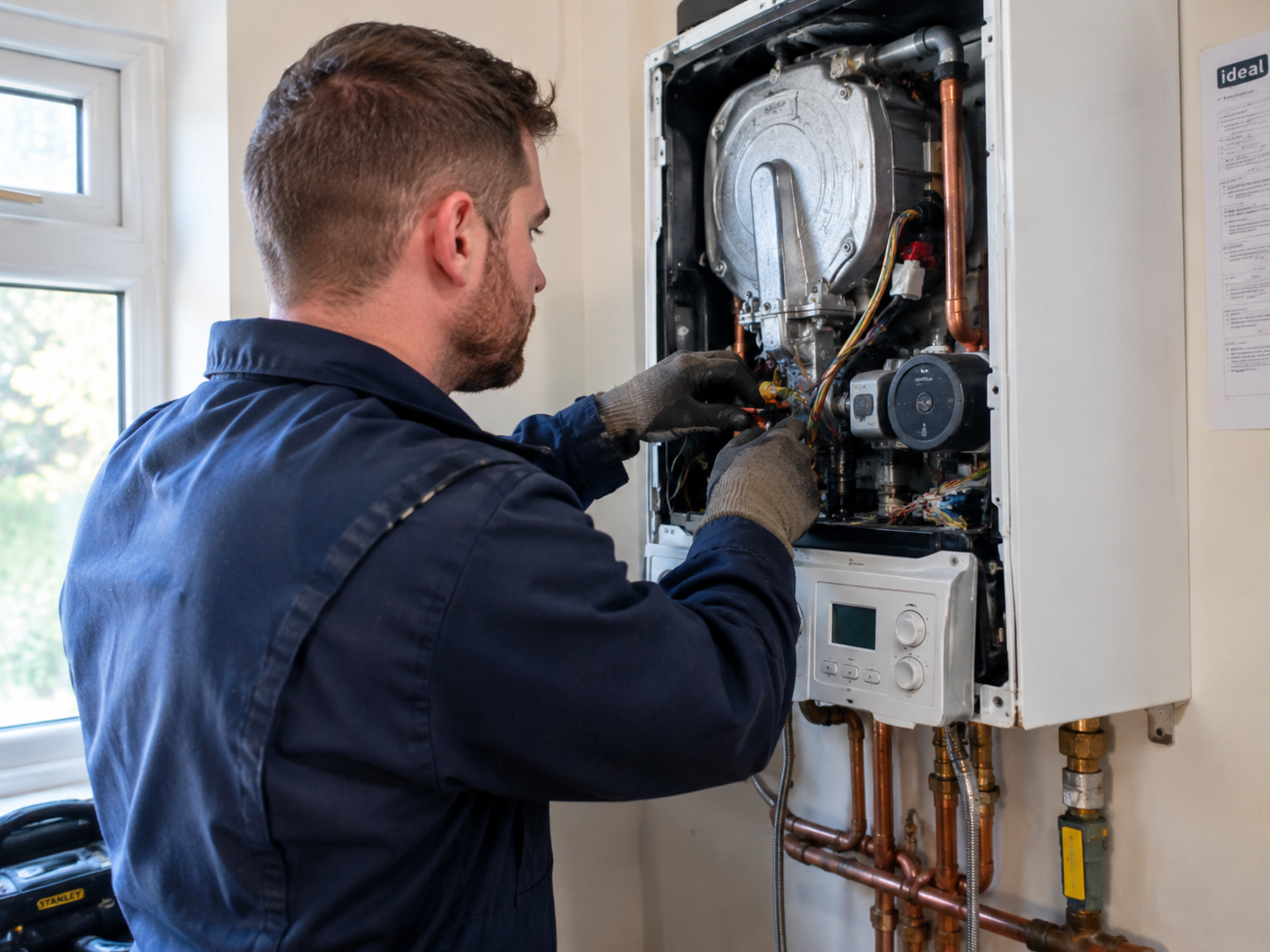 technician repairing wall mounted boiler